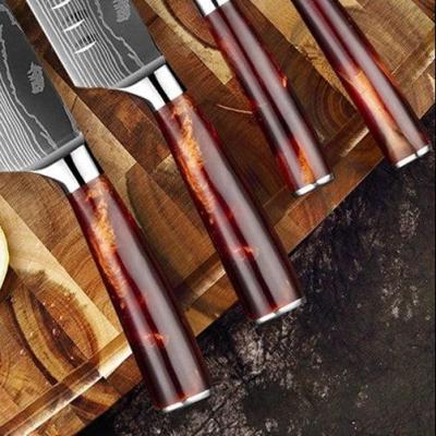 Damaskus Mønstret Knivsæt 7 Knive - Rød