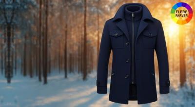 Herre midtlang vinterfrakke I uldblanding med dobbelt krave - alsidig smart-casual overfrakke