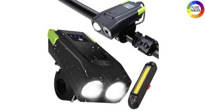 Cykellygtesæt - kraftig forlygte og baglygte med indbygget horn