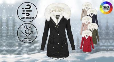 Dame mellemlang parkajakke med termofor - bomuldsblanding, fløjlsfor og vindtæt hætte. Fås i 6 farver og 8 størrelser.