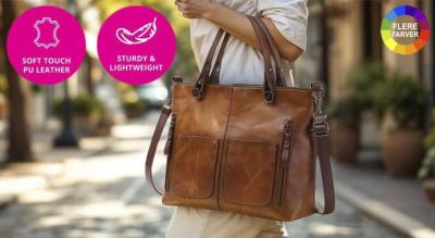 Vintage tote taske i vegansk læder - klassisk skuldertaske, rummelig og let, med flere lommer