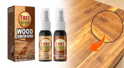 Hurtigtvirkende spray, der reparerer ridser i træ og effektivt gendanner overfladen til dens oprindelige glans