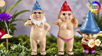 Frækt nøgent havegnom-ornament - vejrbestandigt udendørsdekoration i resin