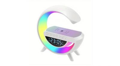 Lampe med trådløs opladning, Bluetooth-højttaler og vækkeur