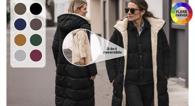 Dame longline vendbar teddy fleece parkajakke - quiltet, termoforet, med hætte, fås i 8 farver
