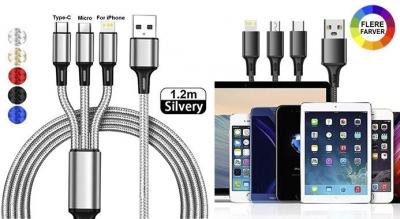 Nylonflettet 3-i-1 opladningskabel - ét kabel til alle dine enheder. Holdbar, hurtig og nem at bruge!