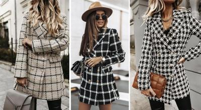 Kvinders klassiske lang ternet frakke i uldblanding - varm efterårs- og vinterjakke (5 størrelser og farver)