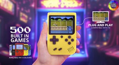 Håndholdt spilkonsol med 500 retrospil i fem farver