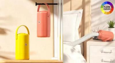 Bærbar elektrisk minitørrer, der tørrer og beskytter dit tøj med smart bøjle og lufttæt opbevaring.