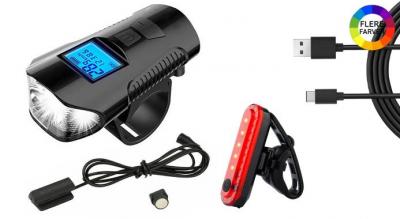 Multifunktionelt cykellygtesæt med hastighedsmåler og horn