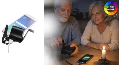 Undgå tomme batterier med denne praktiske dynamooplader med håndsving - perfekt til nødsituationer, camping eller strømafbrydelser
